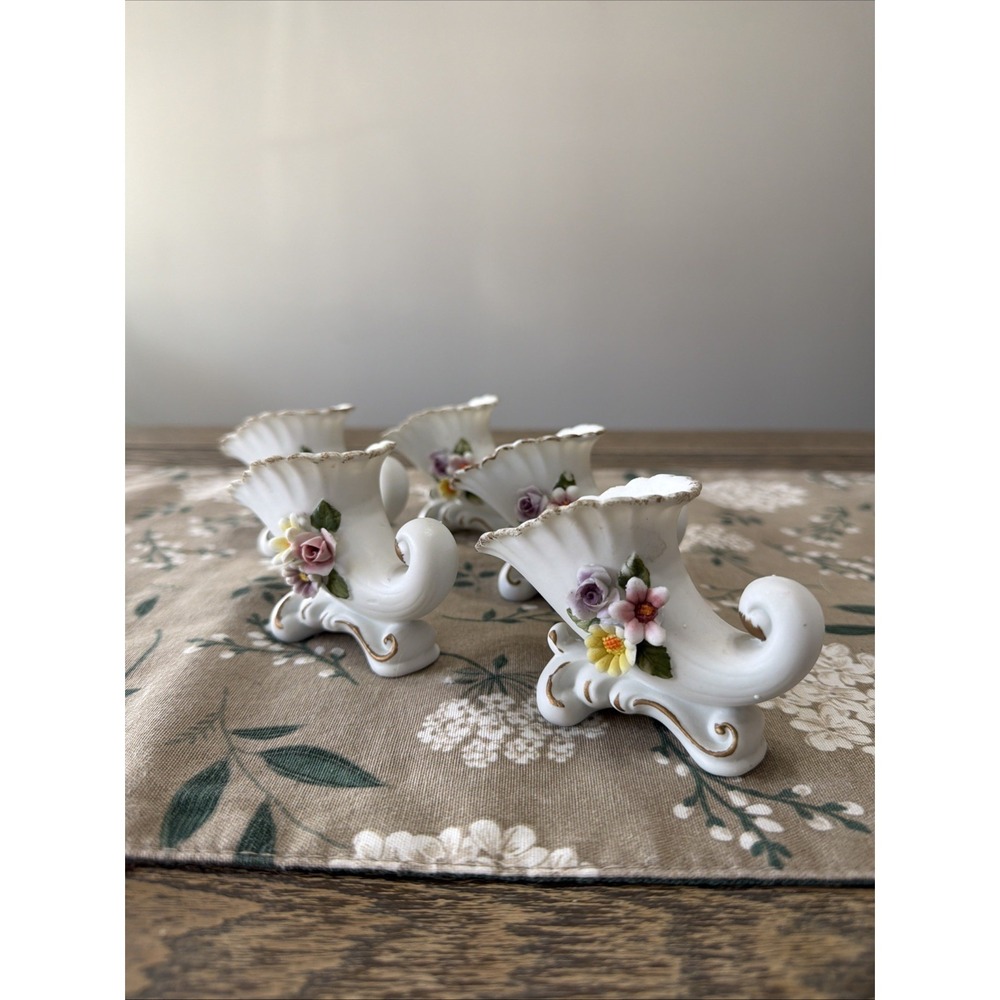 Vintage Lefton Hand Painted China‎ Cornucopia Figurines Flowers Japan Set Of 5
